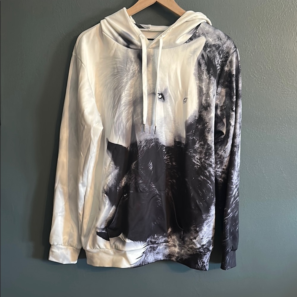 Wolf Print Hoodie - Black and White